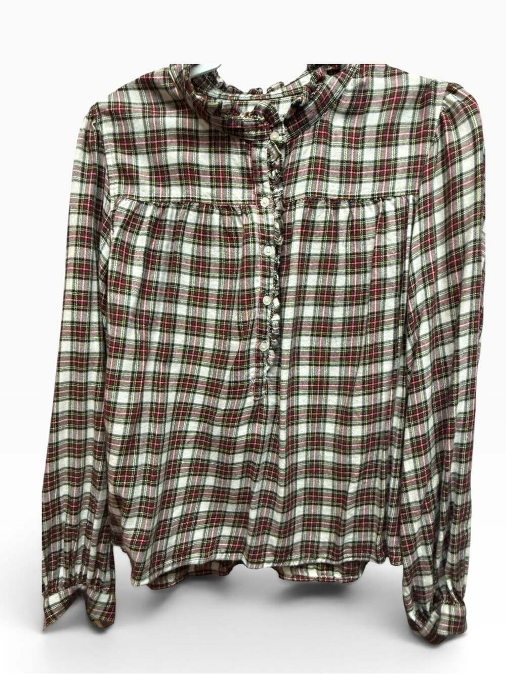 GAP Plaid Ruffle Neck Flannel Button-Front Blouse Holiday Cottage Core SZ L